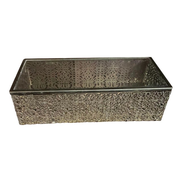 1980s Reticulated Brass Jewelry Box With Mirror and Beveled Glass Accents For Sale