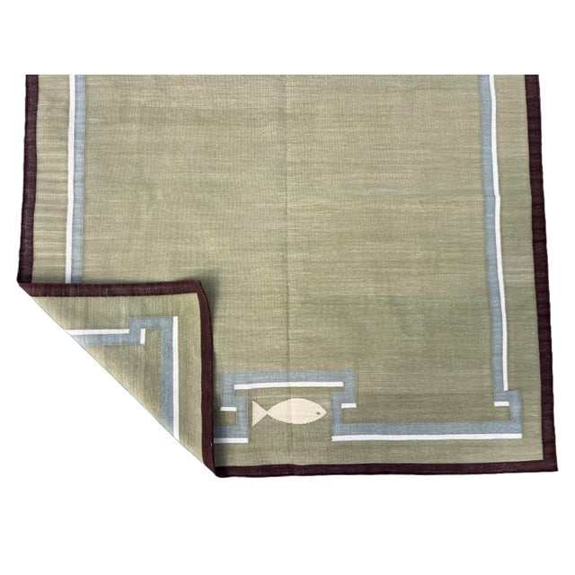 Handmade Cotton Dhurrie Runner, Olive Green and Wine Border Fish Patterned Runner Rug- 4'x10' For Sale - Image 9 of 12