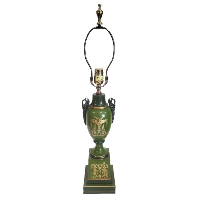 Vintage French 20th C Designer Empire Style Green & Gold Swan Urn Lamp For Sale - Image 4 of 17