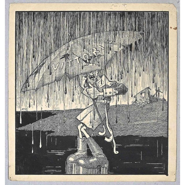 Vittorie is an original China Ink Drawing on paper realized by Carlo Rivalta (1887-1941) in 1918 s. Good condition mounted...