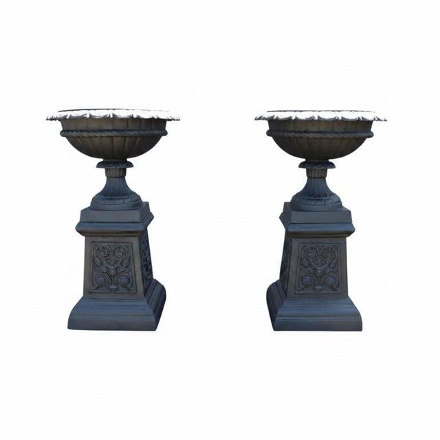 Pair of Antique Cast Iron Garden Urns With Stylized Floral Bases C1900 For Sale - Image 4 of 7