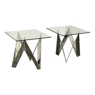 Calvin Chrome + Glass Side Tables, Pair For Sale