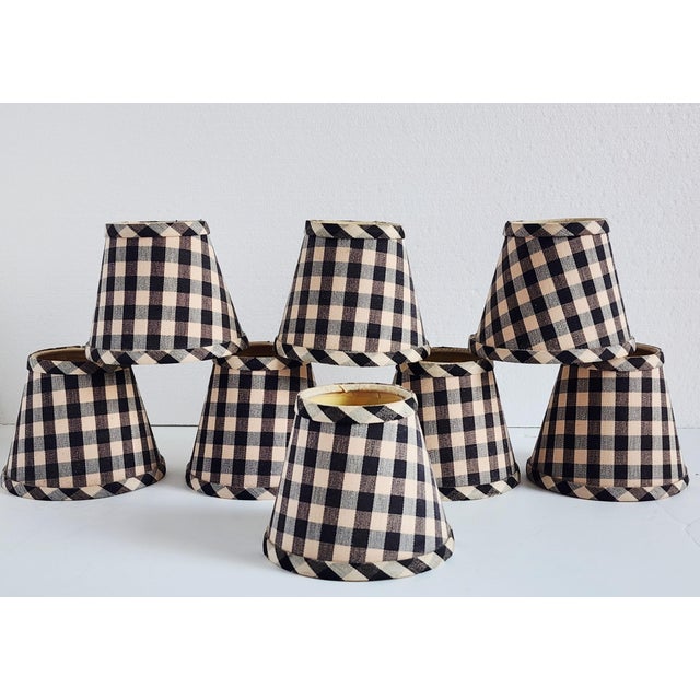 Set of 8 vintage black and beige check pattern chandelier lamp shades with brass clips-on. The shades are made of cotton...