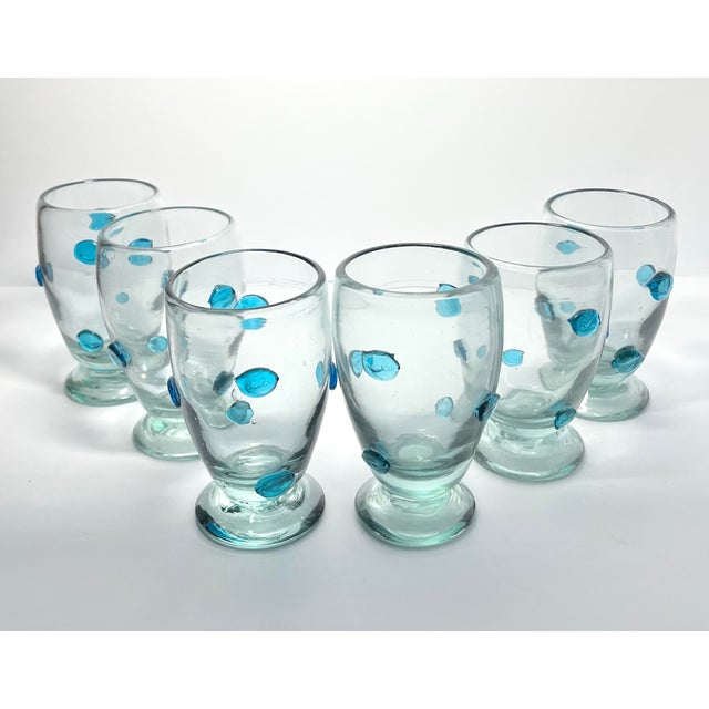 Mexican Mexican Aqua Blue Confetti Raised Pebble Mexican Blown Footed Tumbler Glasses - 6 pcs For Sale - Image 3 of 7