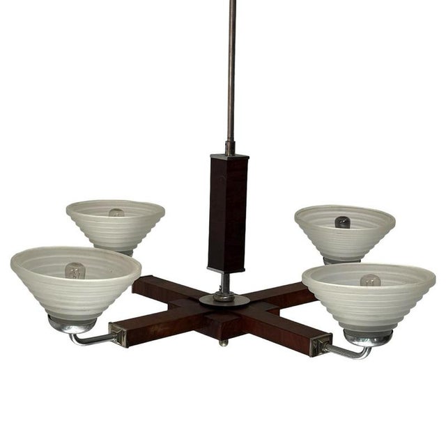 Art Deco Satin Glass, Walnut Veneer and Chromed Metal 4-Light Chandelier, Former Czechoslovakia, 1930 For Sale - Image 4 of 10