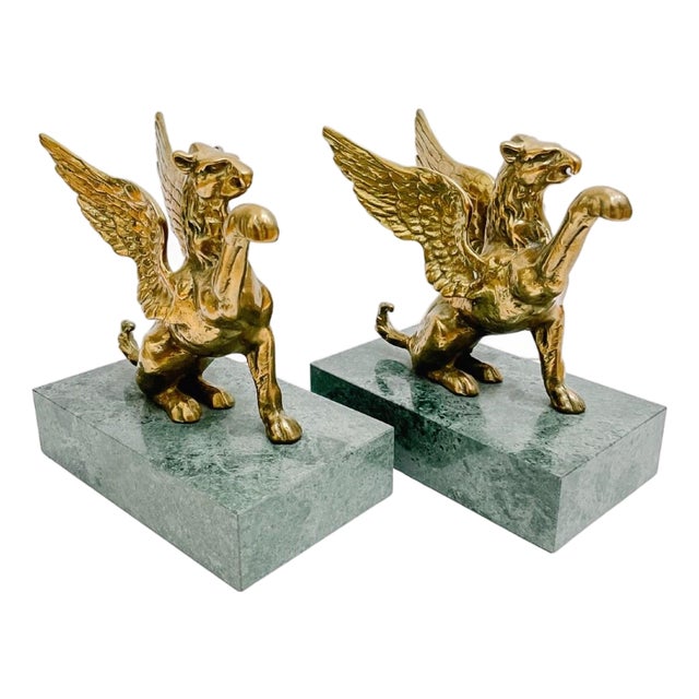 1970s Brass Griffins on Green Marble Bases Bookends - A Pair For Sale