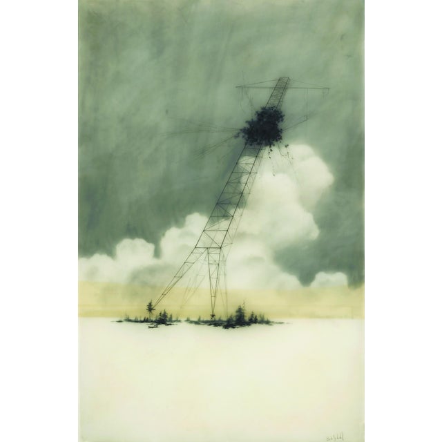 Reclaimed Tipping Tower by Brooks Salzwedel | Graphite, tape, resin, mylar on panel depicting a leaning power tower. For Sale