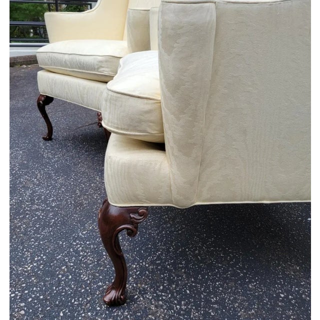 Wood Pair of Southwood Queen Anne Wingback Chairs in Ivory Damask For Sale - Image 7 of 15