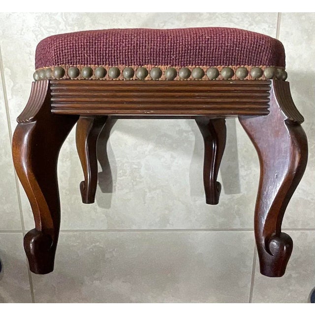 1950s Antique Hand Carved Needlepoint Textile Upholstered Foot Stool For Sale - Image 5 of 13