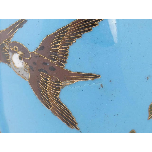Turquoise Pair Japanese Cloisonne Owls Hawks Maple on Turquoise Blue Enamel Vases Goto For Sale - Image 8 of 9