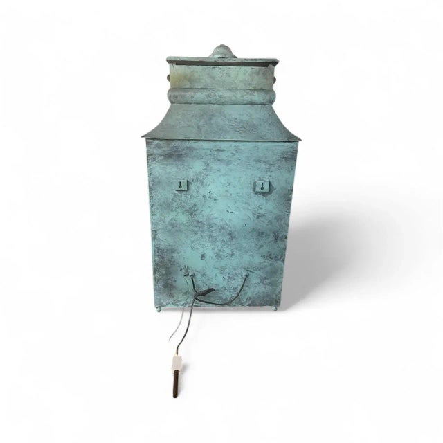 Pair of Verdigris Patina Copper or Metal Wall Lanterns For Sale - Image 4 of 4