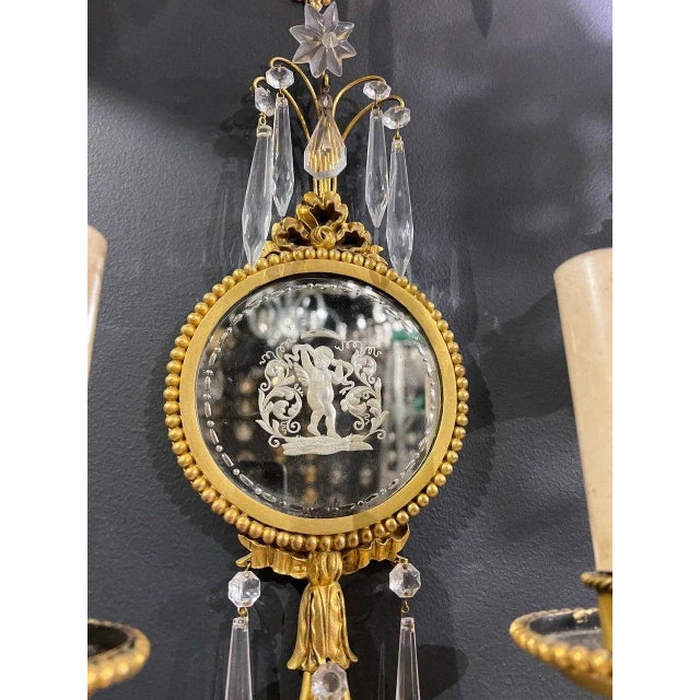 1920s 1920's Caldwell Etched Mirror and Gilt Bronze Sconces With Cherub For Sale - Image 5 of 8