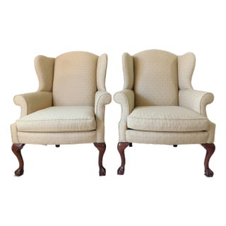 Pair Vintage Ball & Claw Foot Mahogany Tan Beige & Maroon Upholstered Wingback Armchairs For Sale