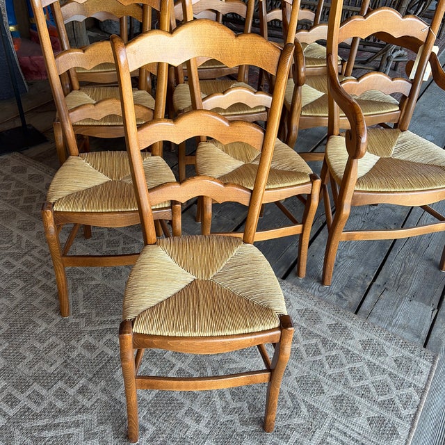 Gorgeous set of 10 Beechwood chairs with rush seats. Eight side chairs, two arm chairs.