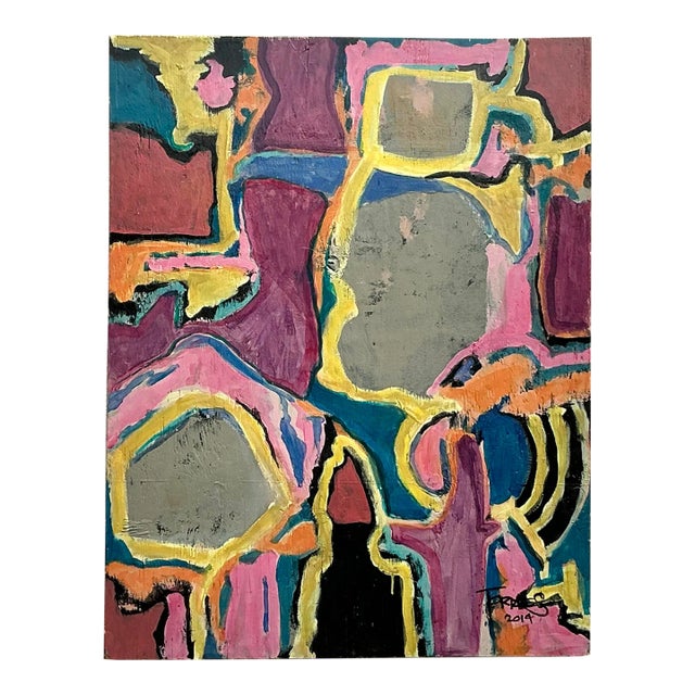 Vintage Boho Original Abstract Oil Painting on Board For Sale