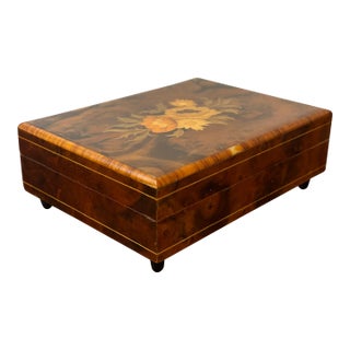Vintage Italian Burl Wood Music Jewelry Box - Marquetry Floral Lid For Sale