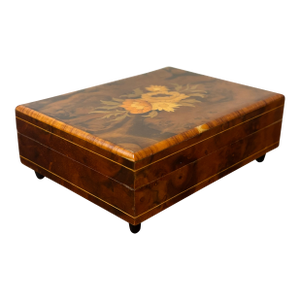 Vintage Italian Burl Wood Music Jewelry Box - Marquetry Floral Lid