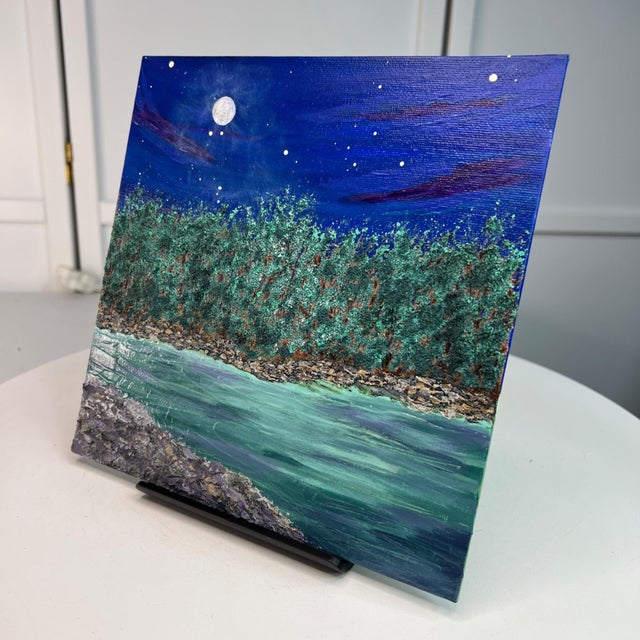 Contemporary Moonlit 8x8 Original Acrylic Painting, Original Wall Art Decor - Unframed For Sale - Image 3 of 7