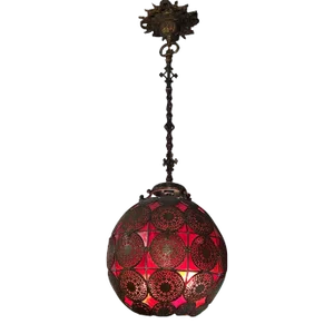 Antique Islamic Spherical Leaded Red Glass Hanging Lamp