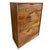 Modern warm walnut stained oak wood tall dresser with five spacious drawers. Geometric carved lines on drawers. Antiqued...