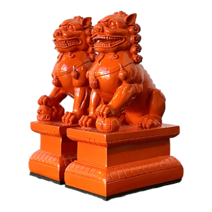 Vintage Lacquered Orange Foo Dogs - A Pair