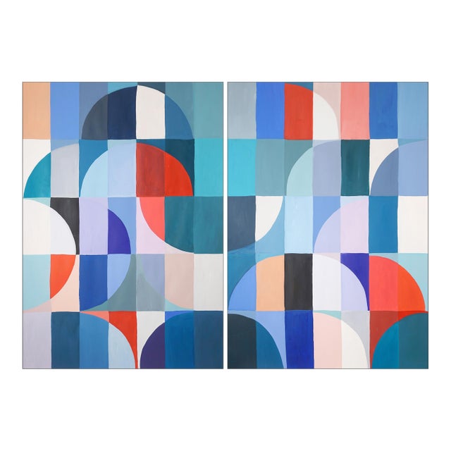 2026, Bauhaus Geometric Painting Diptych, Below the Sea Level, Acrylic Paint on Watercolor Paper by Natalia Roman For Sale