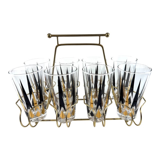 1960s Mid-Century Modern Atomic Black & Gold Highball Glasses With Brass Carrier - Set of 8 For Sale