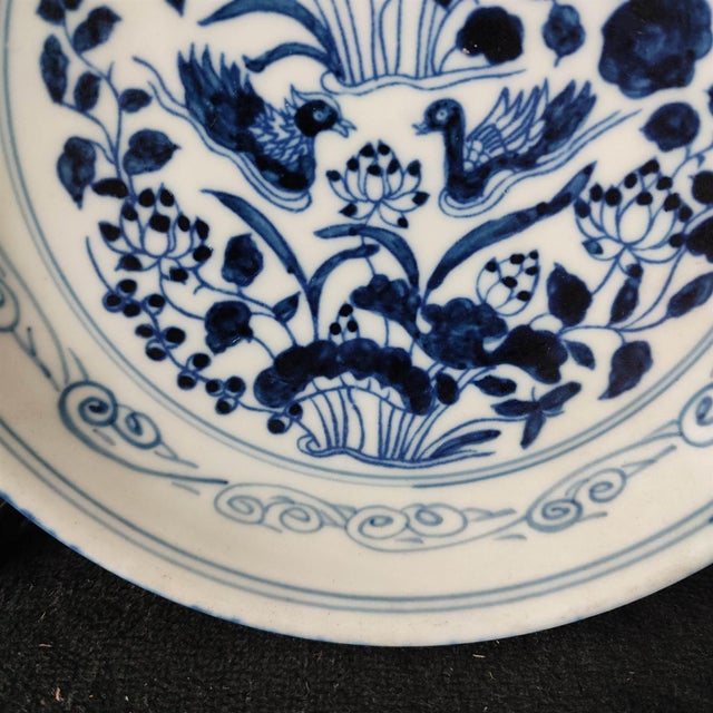 Ceramic Chinese Ceramic Plate,Guangxu Marked Blue and White Porcelain Plate Hand Painted Mandarin Ducks Pattern For Sale - Image 7 of 11