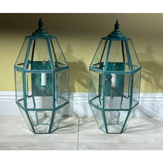 Exquisite Pair of Vintage Solid Brass Hexagonal Wall Lanterns For Sale - Image 16 of 17