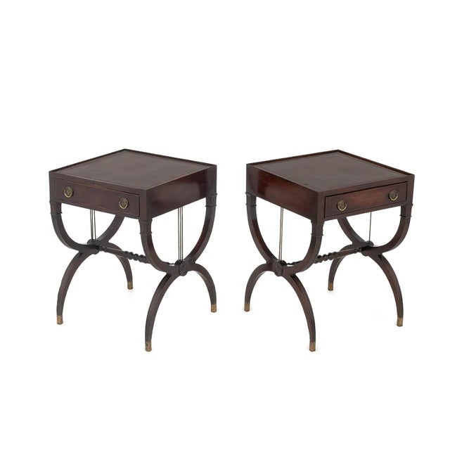 English Pair of Regency Mahogany Leather-Top Side Tables With Lyre Bases | Ca. 1830 For Sale - Image 3 of 5