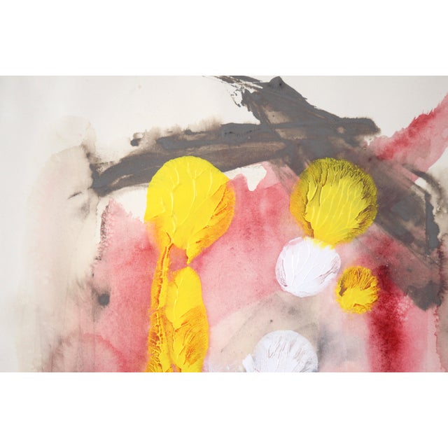 Falling Feathers in Yellow and White Abstract Expressionist in Acrylic on Paper A bright abstract painting by California-...