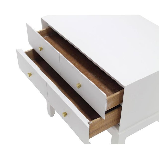 Wood Mid-Century Modern White Lacquer Diamond Shape Brass Dimond Pulls Two Drawer Nightstand For Sale - Image 7 of 10