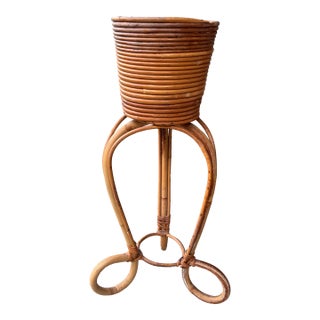 Vintage Mid Century Crespi Style Pencil Reed Rattan Pedestal Bamboo Planter Italian For Sale