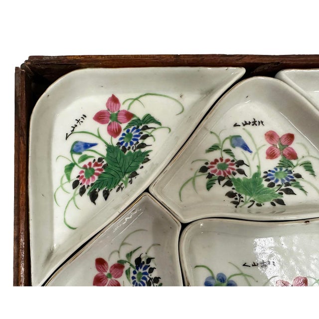 Early 20th Century Antique Chinese Famille Rose Sweetmeat Dishes Set With Wooden Box For Sale - Image 4 of 12