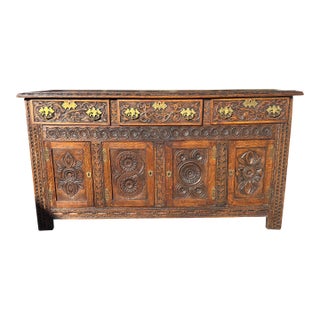 Antique Jacobean Revival Style Intricately Carved Oak Sideboard For Sale