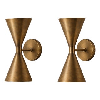Handcrafted Brass Double-Cone Wall Sconces Sculptural Bedroom & Living Room Lighting - Set of 2 For Sale