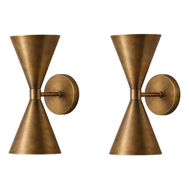 Handcrafted Brass Double-Cone Wall Sconces Sculptural Bedroom & Living Room Lighting - Set of 2 For Sale
