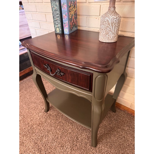 Vintage Dixie Side Table | Refinished Solid Wood Accent Table in Olive Green & Mahogany For Sale In Milwaukee - Image 6 of 9