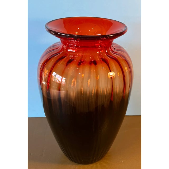 Red Lart Fluted Art Glass Vase Brown Orange Red Ombre For Sale - Image 8 of 12