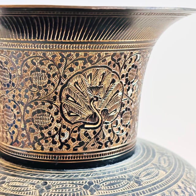 Large 13" Etched Brass Vase With Peacock Design For Sale In San Francisco - Image 6 of 11