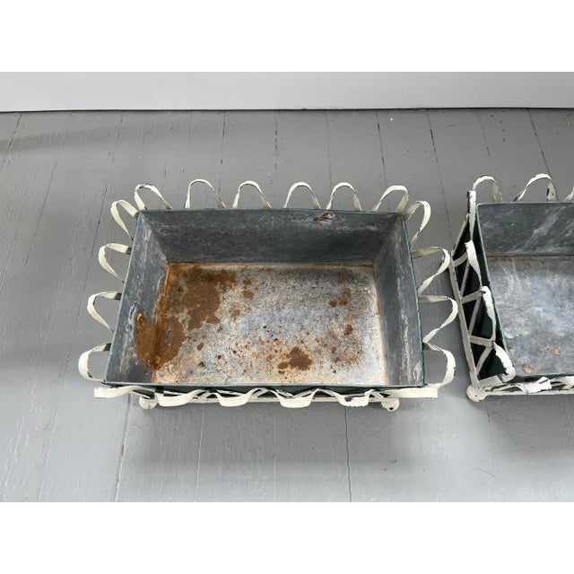 1930's White Painted Zinc Cachepot Planters or Jardinieres With Green Tole Liners on Ball Feet - a Pair For Sale - Image 10 of 13