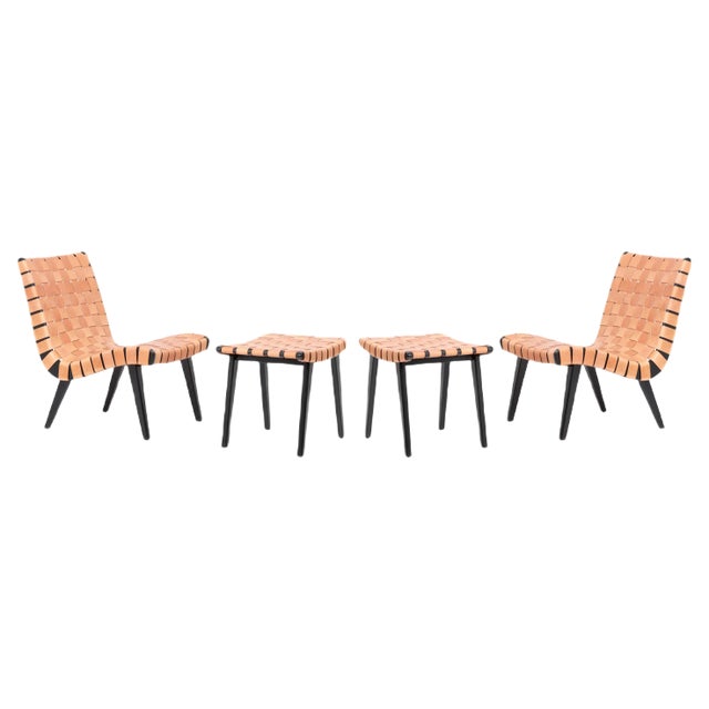 Leather Webbed Lounge Chairs with Ottomans by Jens Risom for Vostra Germany, 1950s, Set of 4 For Sale