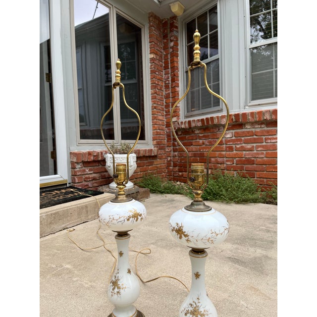 Hollywood Regency Gold Leaf Painted Porcelain Table Buffet Lamps- A Pair For Sale - Image 4 of 12