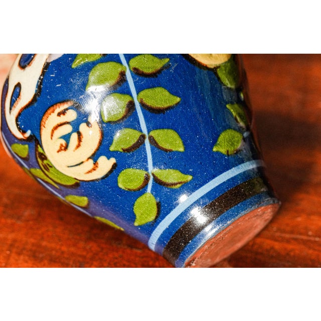 Blue Miniature Colorful Painted Glazed Antique Pottery Art Nouveau Style Vase For Sale - Image 8 of 11