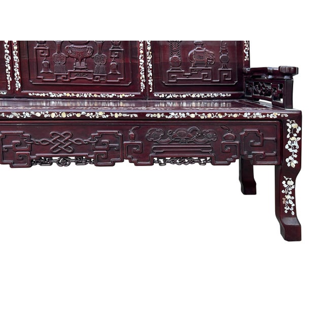 Chinese Red Rosewood & Mother of Pearl Bench For Sale - Image 9 of 12