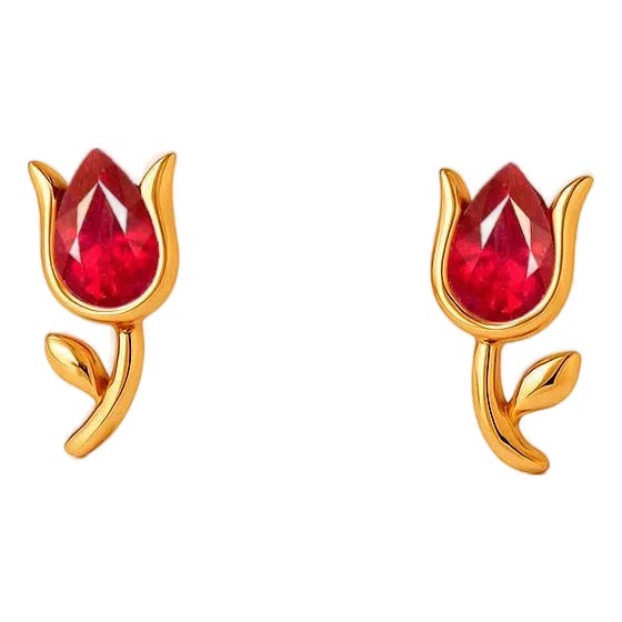 Tulip Ruby Stud Earrings in 14k Gold, A Pair For Sale