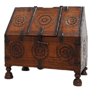 18th Century Carved Wooden Coffer with Slanted Lid and Iron Mounts, France For Sale