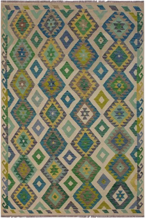 Bohemian Kilim Ivory/Green Hand-Woven Wool Rug -5'6 X 8'1
