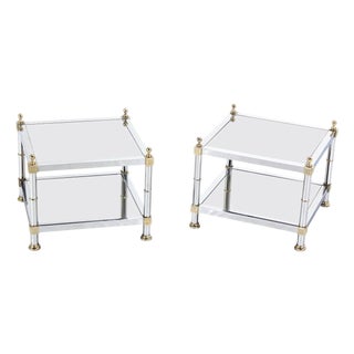 Pair of Chrome Brass and Smoked Glass Square End or Side Lamp Tables Stands Mint For Sale