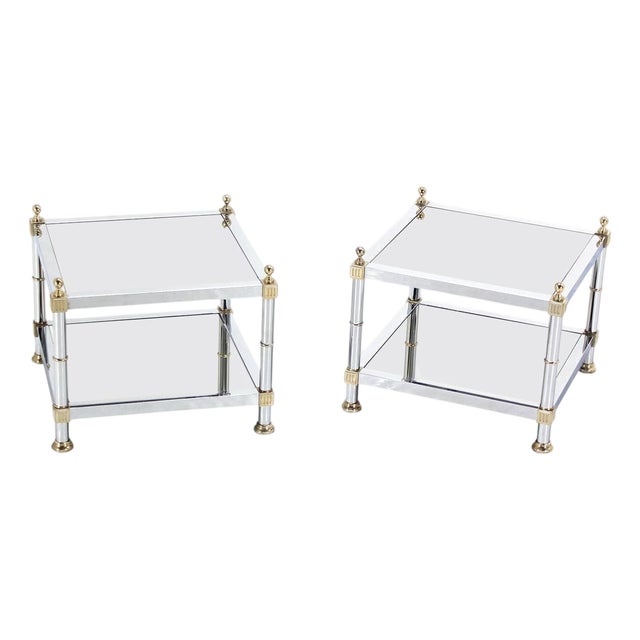 Pair of Chrome Brass and Smoked Glass Square End or Side Lamp Tables Stands Mint For Sale